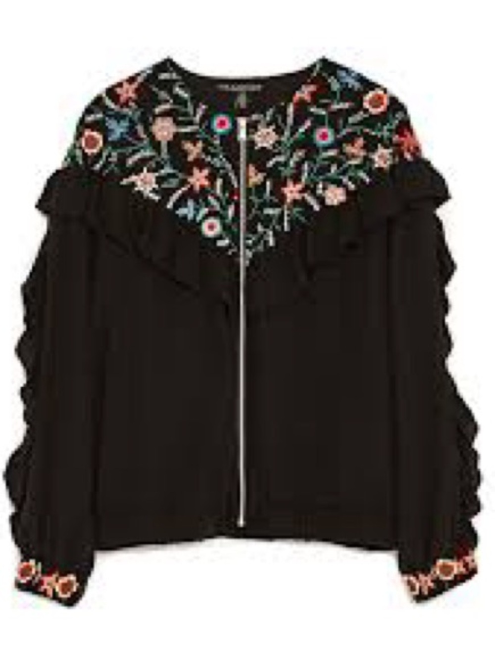 Zara Trf jacket Black embroidered Zip Up Bomber multi floral ruffle sleeve frill